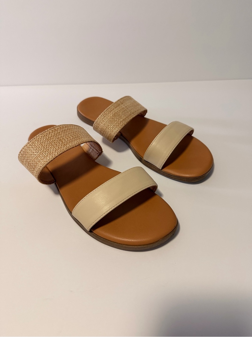 LC Lauren Conrad Two-strap Slide Sandals in Beige and Tan